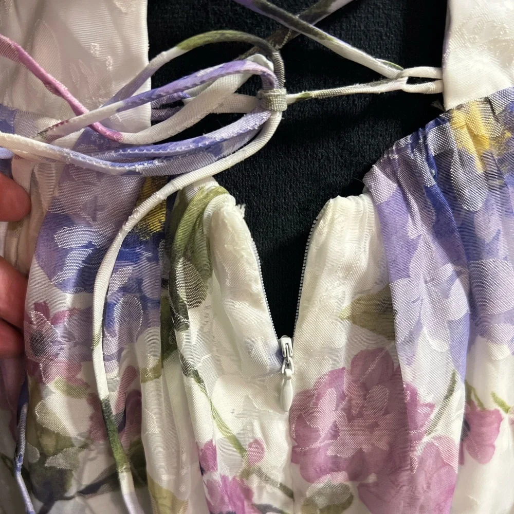 💜LULUS Hillela Ivory Floral Ruffled Lace-Up Midi Skater Dress💜SZ L- NWT - Picture 16 of 16